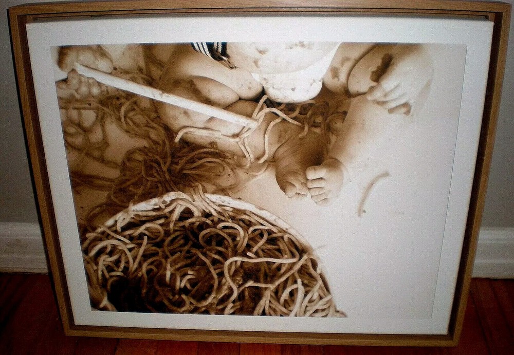 BABY on CANVAS THICK WOOD FRAME PHOTO FEET IN SPAGHETTI WALL SEPIA ART PICTURE
