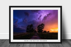 Stormy Sky with Lightning Over Road and Trees in Oklahoma Photo Print (Unframed)