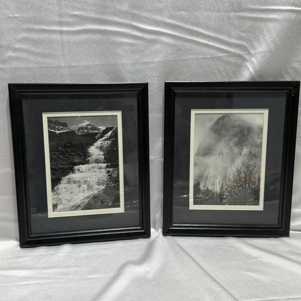 Vintage Framed Black White Landscape Prints Set 2 Waterfall Mountain Art