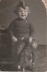Vintage Photo Child with Toy Monkey Monkey Snapshot 1930s