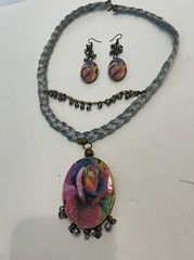 Frida Kahlo Portrait Handmade Earring & Necklace Silk Thread Oval Two Sided