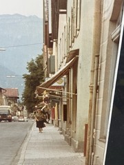 1960s Meiringen Switzerland Framed color photo street scene Gasthof Traundorfer