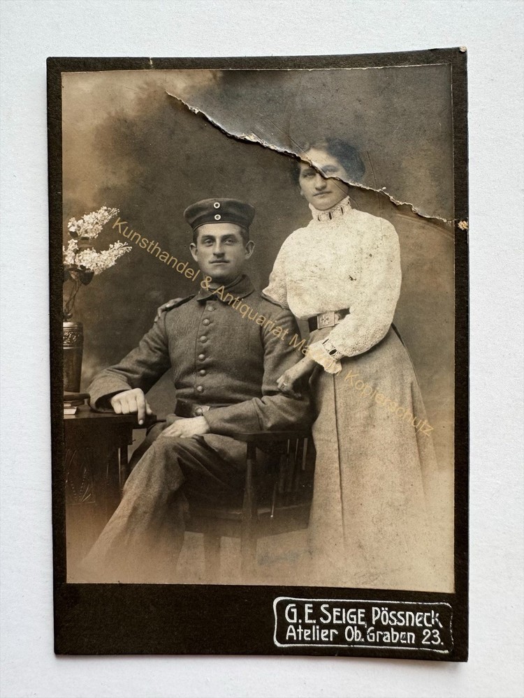 orig. CDV photo photograph picture old around 1914 Pössneck soldier woman