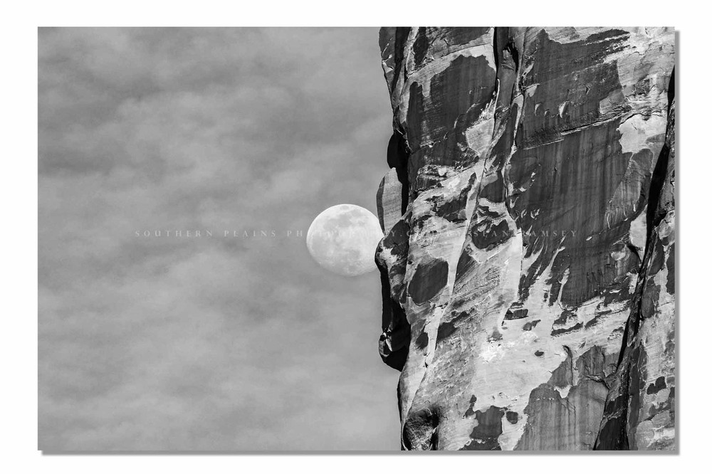 Moon Photography Print: Utah Sandstone Cliff Arches National Park Black & White