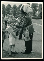 Old man patting little girls at shooting party photo postcard 11x15cm