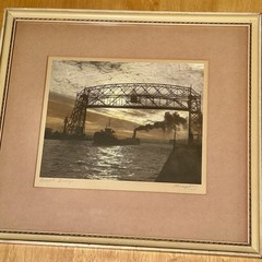 M.J. Humphrey Signed Hand Colored Photo Duluth Aerial Lift Bridge Ship MN 16×14