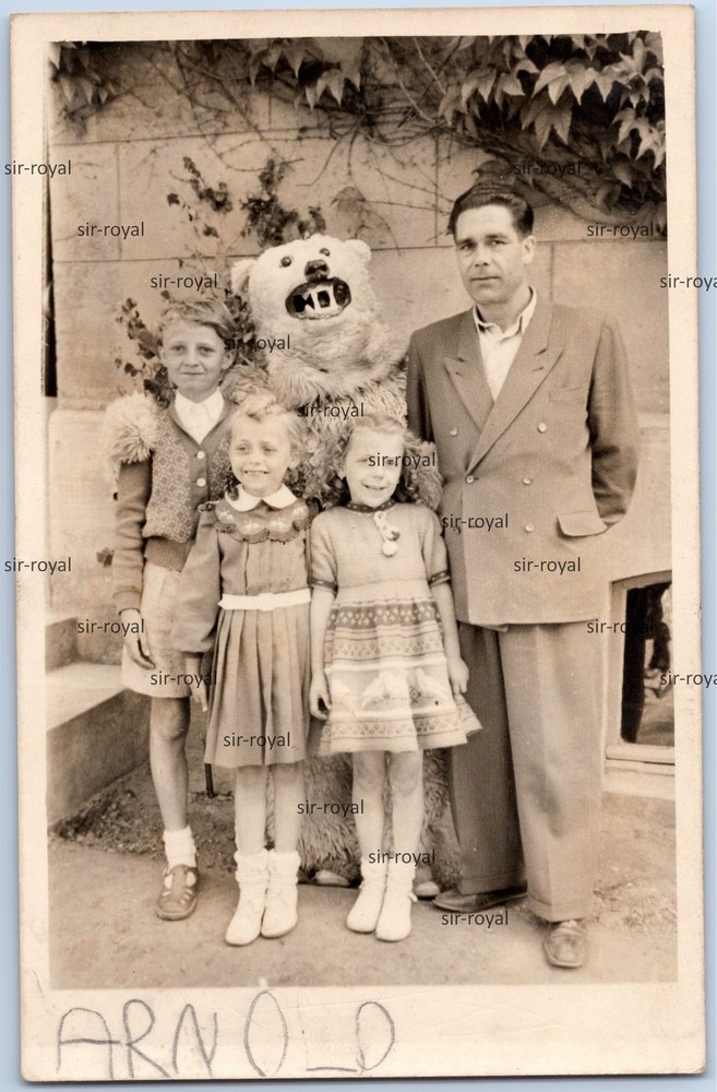 Man in Polar Bear Costume with Family – Photo Postcard 9x14cm