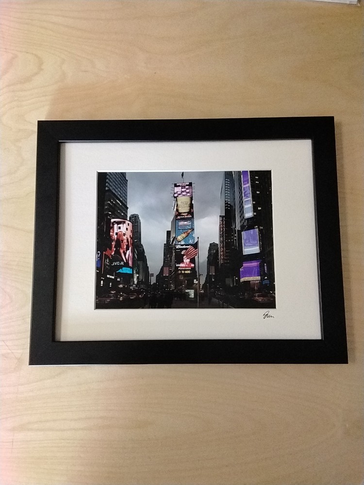 Signed NYC Times Square Framed Photograph 13×16 Black Wood Frame White Mat