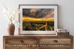 Stormy Sky Over Field and Fence Posts Kansas Country Farm Photography Print