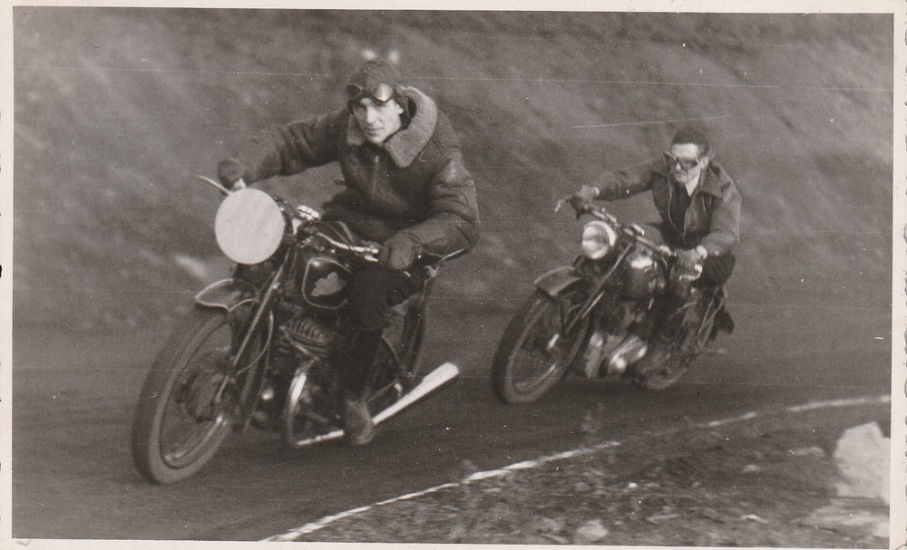 Photo postcard men on motorcycle vintage race reporter H. Skorka Menden-1