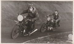 Photo postcard men on motorcycle vintage race reporter H. Skorka Menden-1