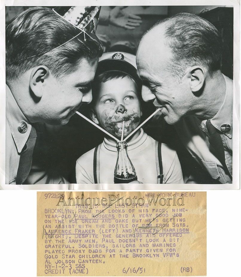 Soldiers and boy drinking soda Brooklyn NY 1951 photo