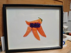 black framed photo art 12 x 9 inches 4 orange peppers with 3 purple flowers