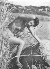 Org French 50s-70s Nude Large (9 x 12) Lithograph- Naturism- Woman- Ocean Reeds