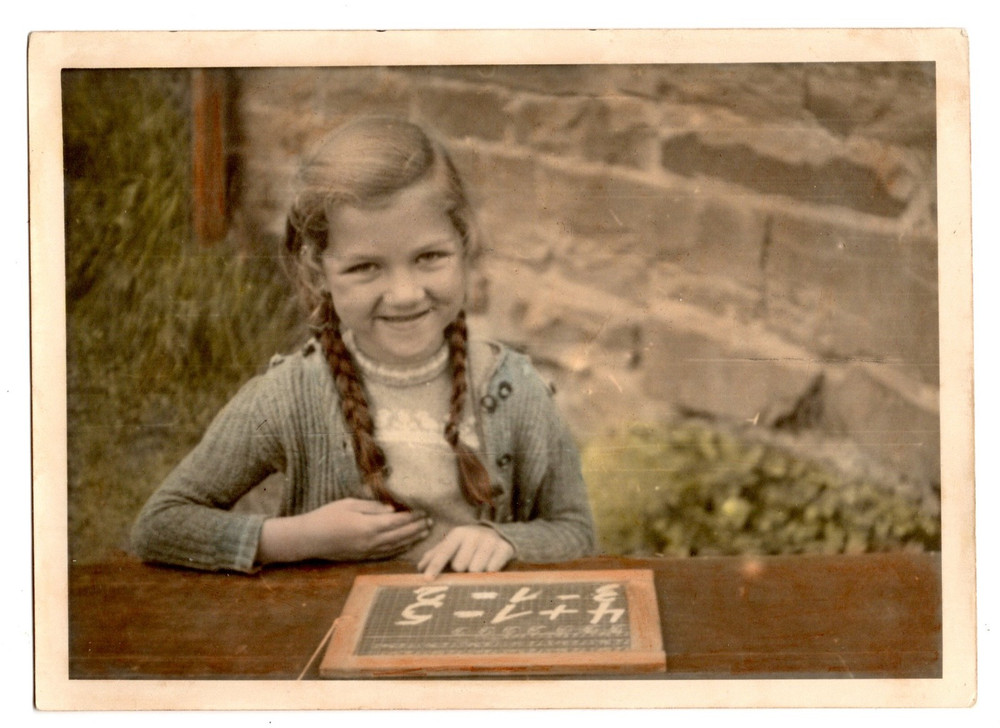 Photograph Girl Braid Blackboard Enrollment 1930s Coloured Vintage