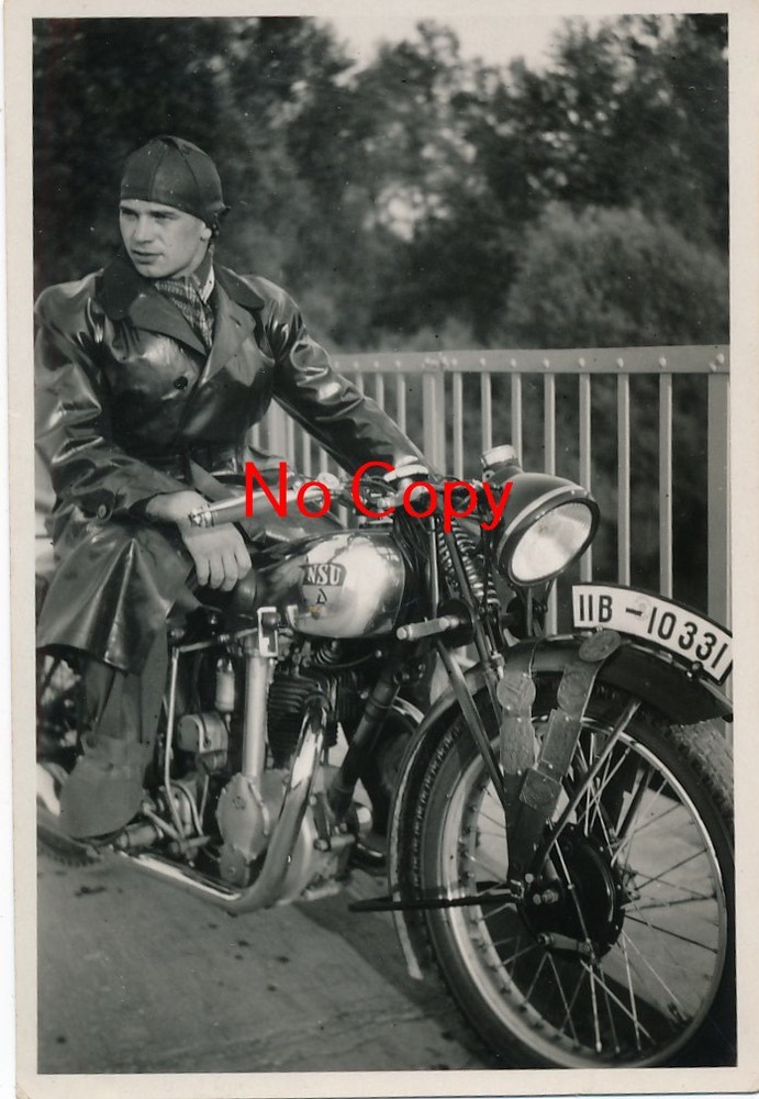 Photo NSU Motorcycle Krad Motorcyclist Leather Coat License Plate Vintage x280