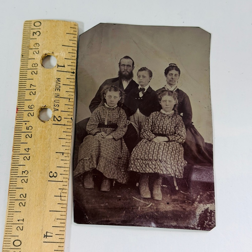 Vintage Tin Photograph Family Portrait 5 People Antique Photo