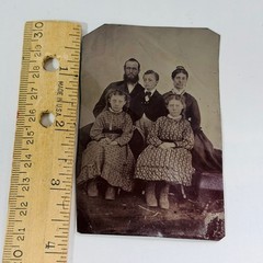 Vintage Tin Photograph Family Portrait 5 People Antique Photo