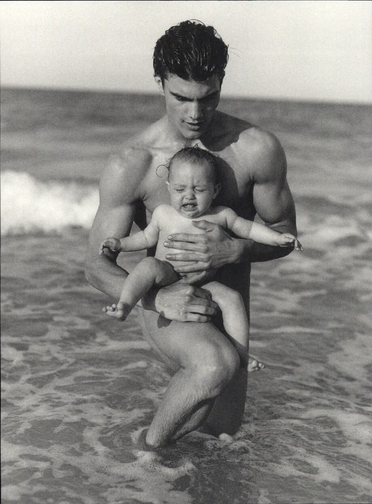 1999 Bruce Weber Male Model With A Baby In the Ocean Beach Art Photo Gravure