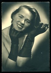 Pretty woman posing erotic with black gloves-photo postcard 9x13cm