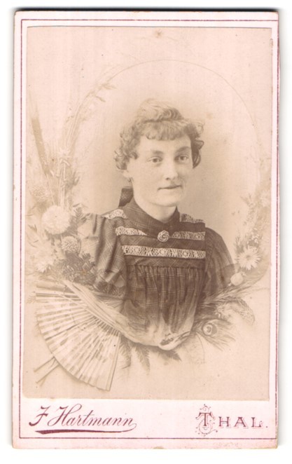 Photograph J. Hartmann, Thal, portrait lady in dress with curls and brooch