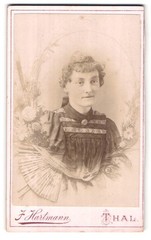 Photograph J. Hartmann, Thal, portrait lady in dress with curls and brooch