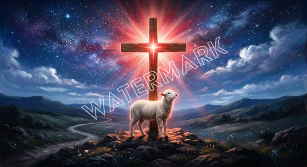 Premium Lamb and Cross and Night Sky Artwork Digital Image Picture Photo