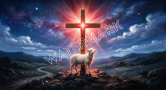 Premium Lamb and Cross and Night Sky Artwork Digital Image Picture Photo