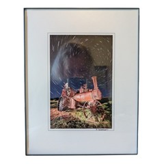 Signed Michael Bertrand Photo Steam Tractor at Night 11″ x 8 5/8″ Plastic Frame