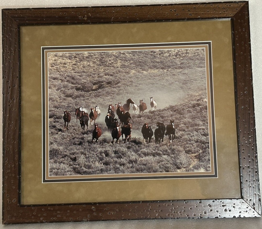 Wild West Horse Herd Art Photo Sepia Rustic Wood Frame Matted Hadley House 18×21
