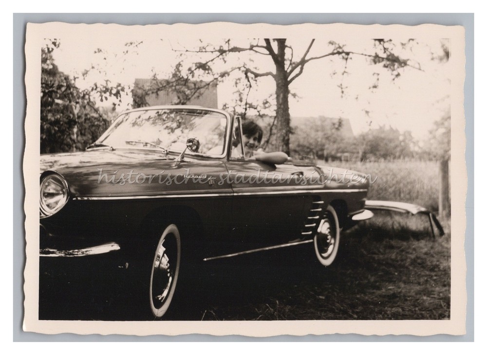 Woman Posing Proudly in Convertible – Car Renault Chrome Wheels – Old Photo