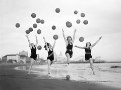 Vintage Beach Photography Women on Beach Jumping Balloons Poster Print