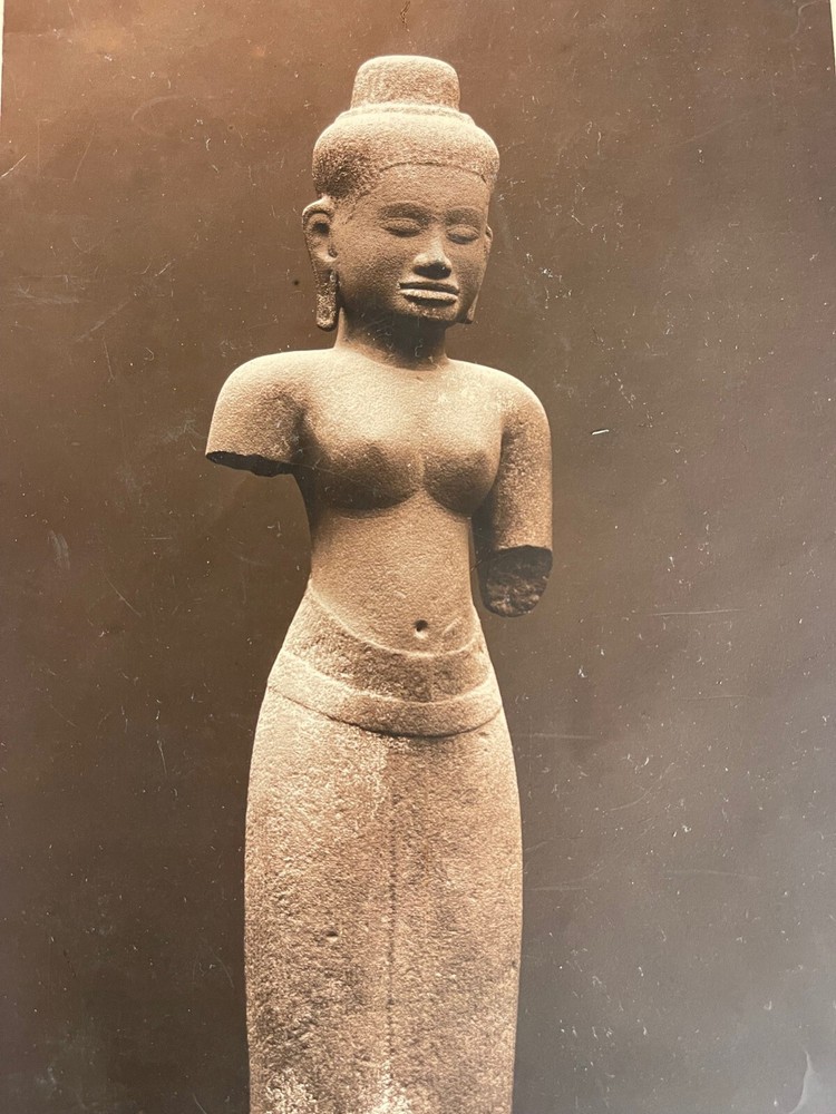 Large Albumen Print Photo XIX Statue Art Kmer Sculpture Cambodia Angkor Wat