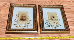 Lot 2 Vintage Gold Framed Black White Portrait Photographs Hand Painted Flowers