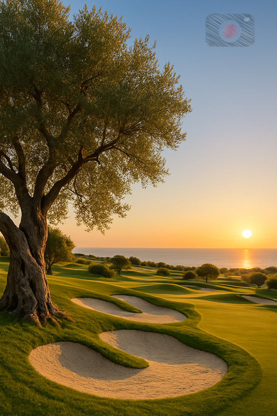 Digital Photo Art, Golf course, olive tree, overlooking mediterranean sea sunse