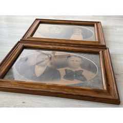 Large Pair of Antique Late 19th Century Wood Framed Family Portraits Wall Decor