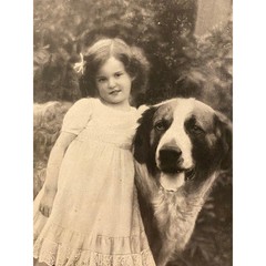 Antique b/w photo late 1800s Girl & Dog «The Old Guard» heavy old wood frame EVC