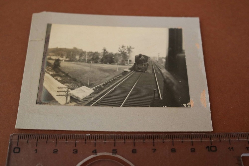 Two great old photos on cardboard – steam locomotive and station – England???