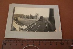 Two great old photos on cardboard – steam locomotive and station – England???