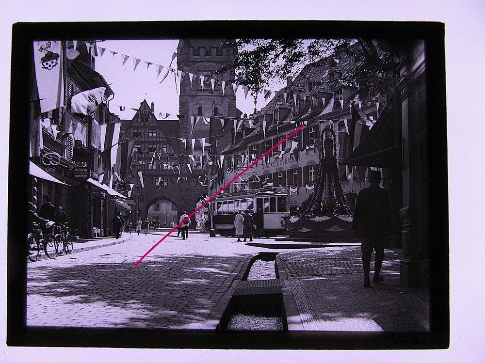 Freiburg Oberlinden Tram around 1900 Large Hist. glass picture no.1