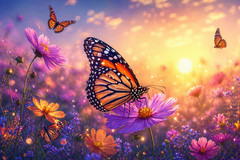 Butterfly Flower Sunset AI Art Wallpaper | Nature Digital Background Image