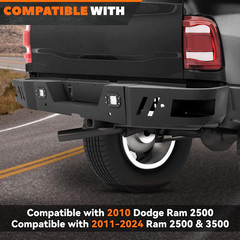 Rear Bumper 3Pcs Compatible with 2010-2024 Dodge Ram 2500 3500 W/ 2 18W LED Ligh