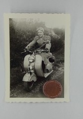 Photo Young Man Riding Motorcycle Scooter NSU Lambretta Head Cover 1950s