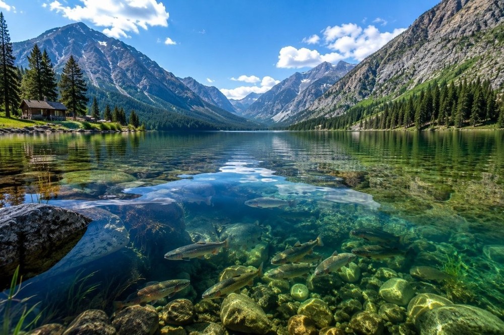 AI Nature Lake with Fish | Realistic Landscape Digital Art Download