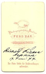 Photograph Ferd. Bak, Sigmaringen, Little Child Richard Fischer, 17.6.1877