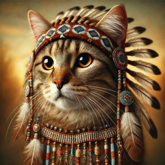 American Indian Cat Portrait – High-Res Digital Art, Native-Inspired, Unique Art
