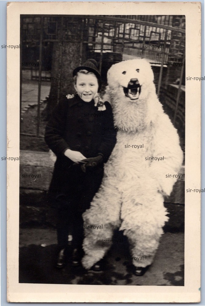 Man in Polar Bear Costume with Child – Photo Postcard 9x14cm