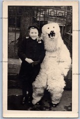 Man in Polar Bear Costume with Child – Photo Postcard 9x14cm