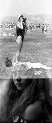 double exposure, ghost, sexy woman working w NIKON photo camera, vintage fine