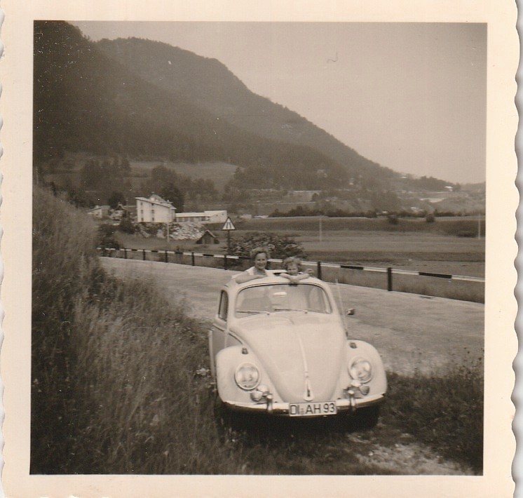 Vintage Photo Mother with Child in 1950s VW Beetle Car Vintage Passenger Car